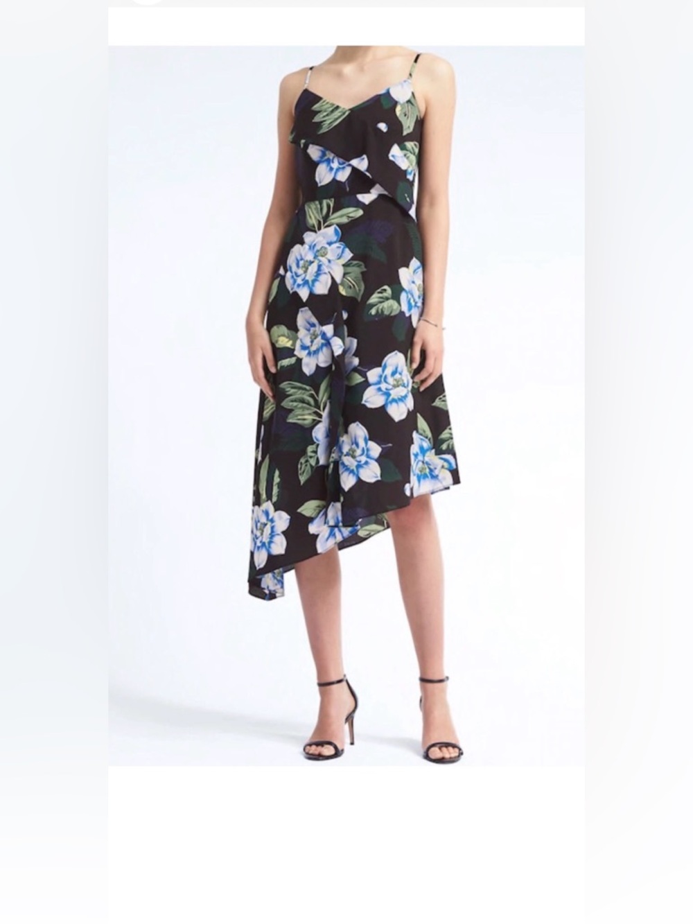 Banana Republic Women’s Black Asymmetrical Midi Floral Pattern  Dress Size 2
